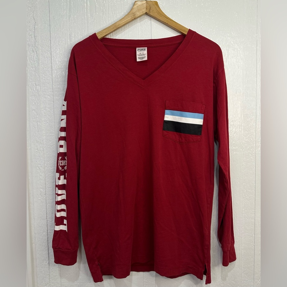 Victoria Secret Pink Maroon Long Sleeve V-neck T-shirt Sz XS